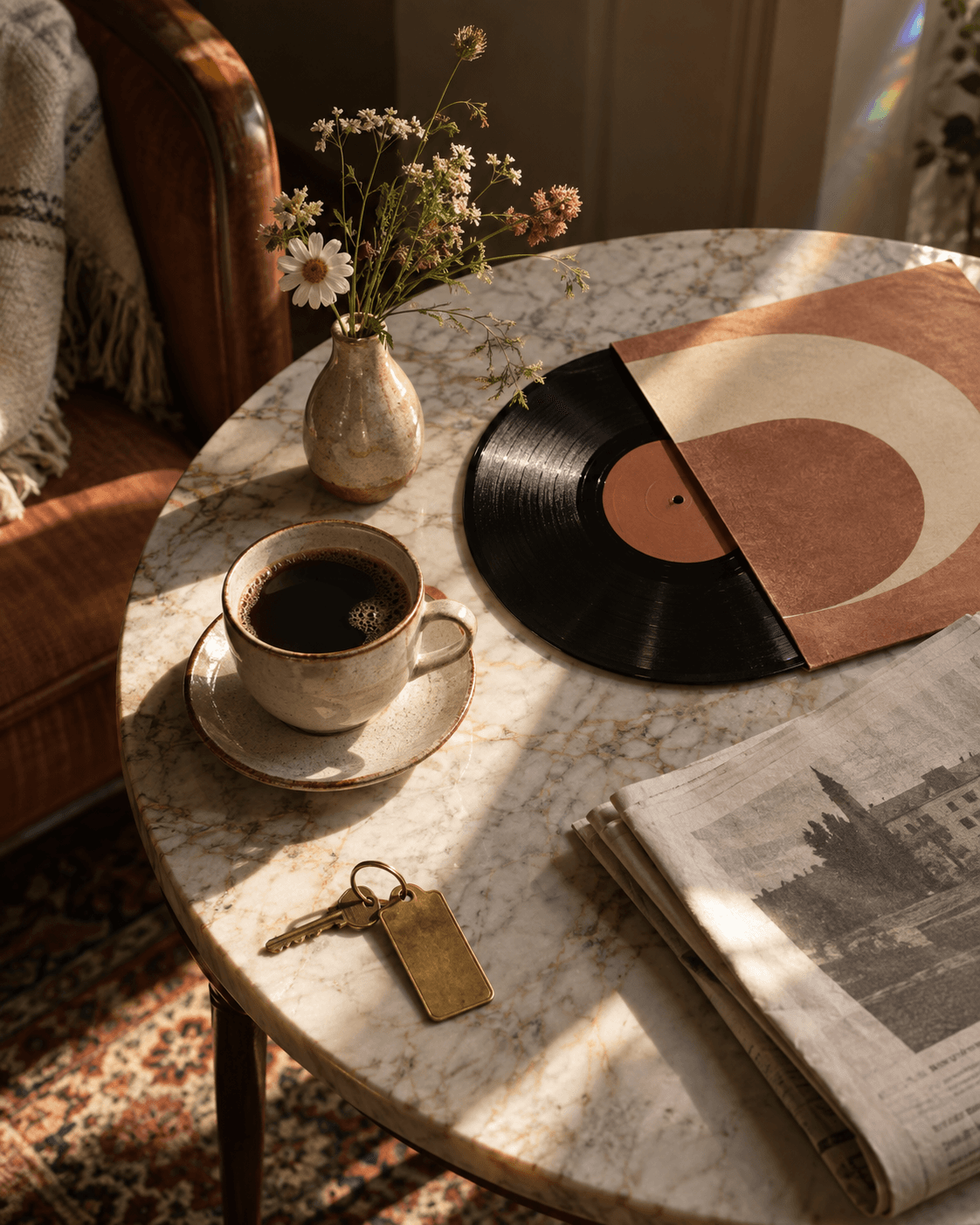 Coffee and vinyl still life concept for Morrow House