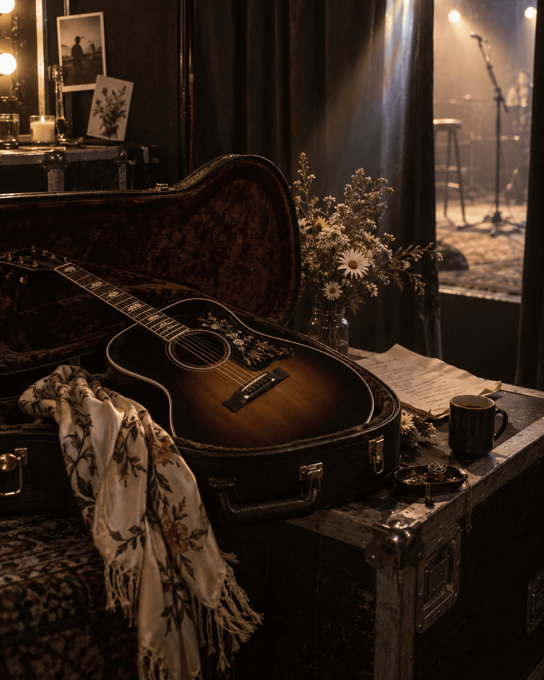Guitar and flowers waiting backstage