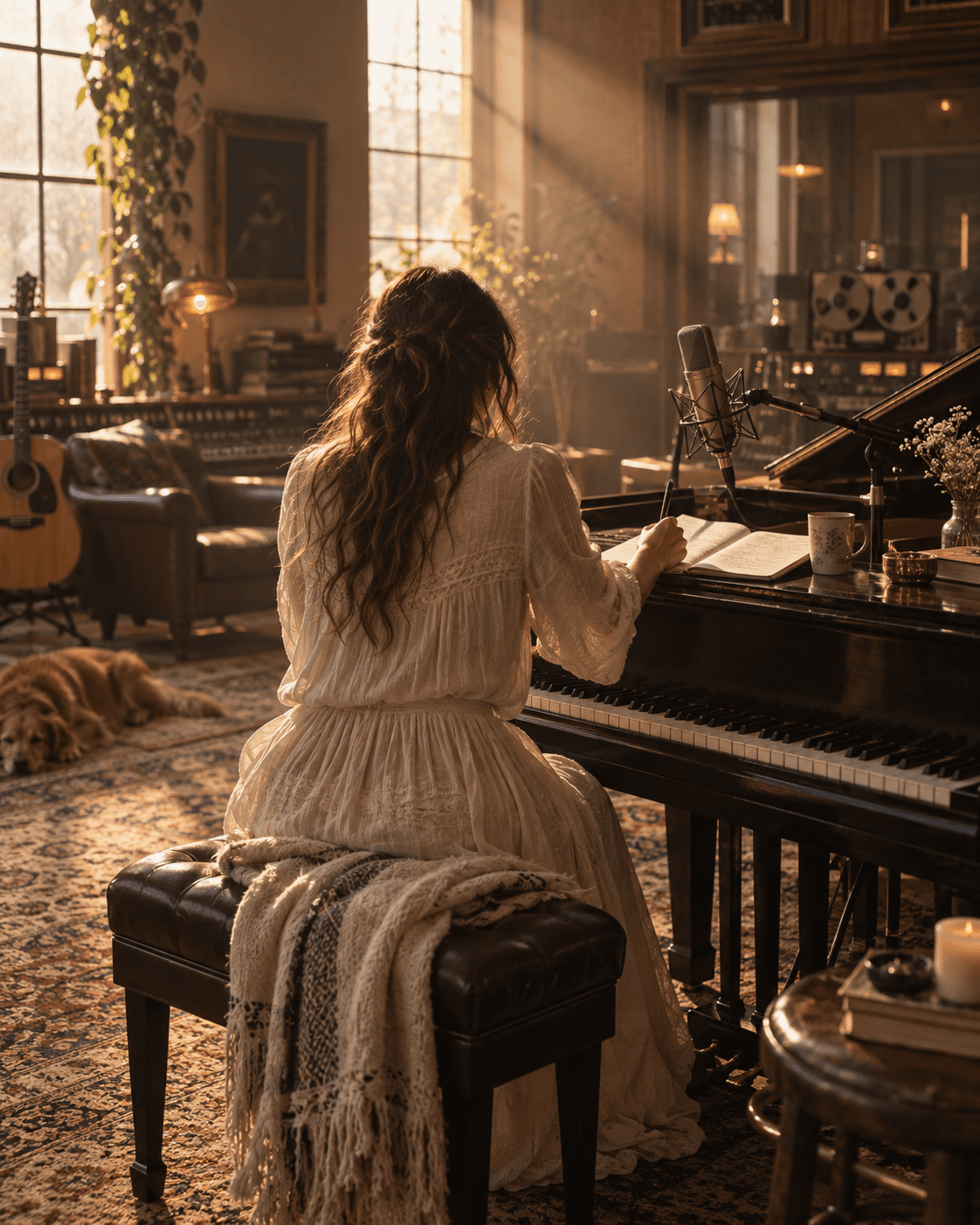 Songwriter working at a piano in a sunlit studio