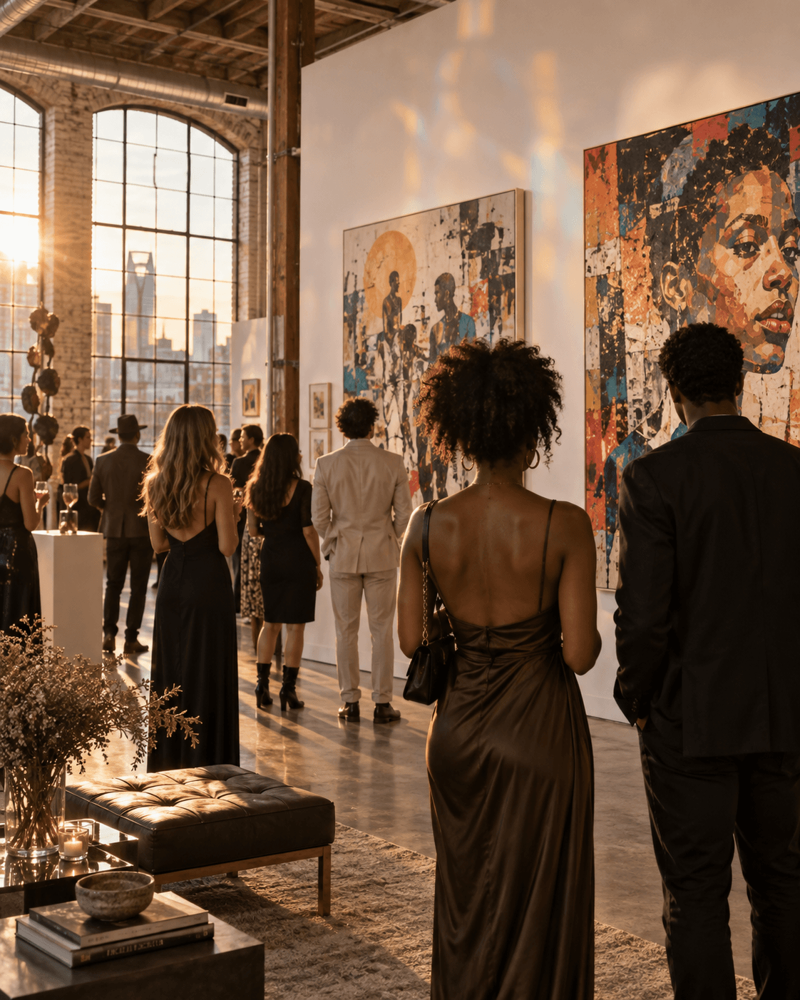 Community members at a warm gallery exhibition