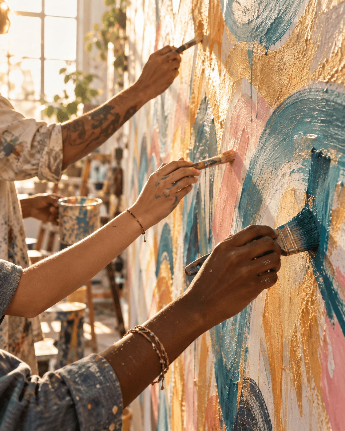 Artists collaborating on a sunlit mural