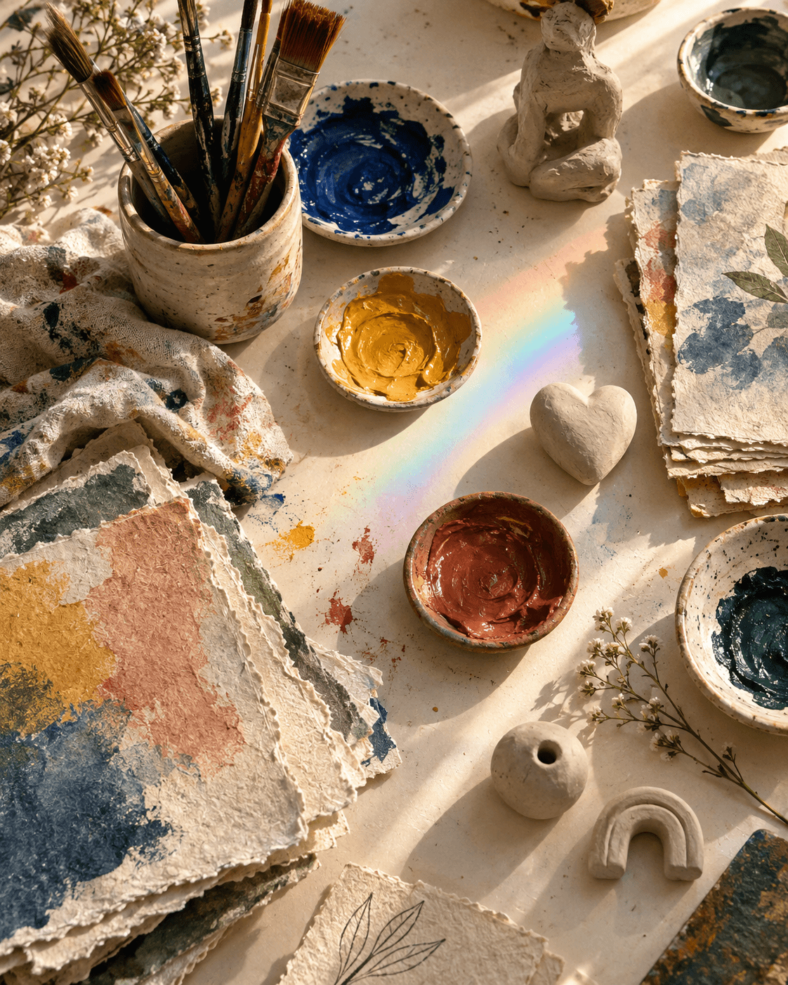 Art materials arranged in prismatic sunlight